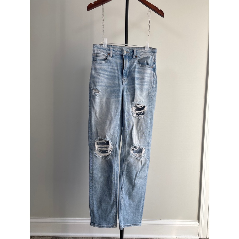 American Eagle Mom Straight Jeans Womens 2 Long Light Wash Distressed High Rise